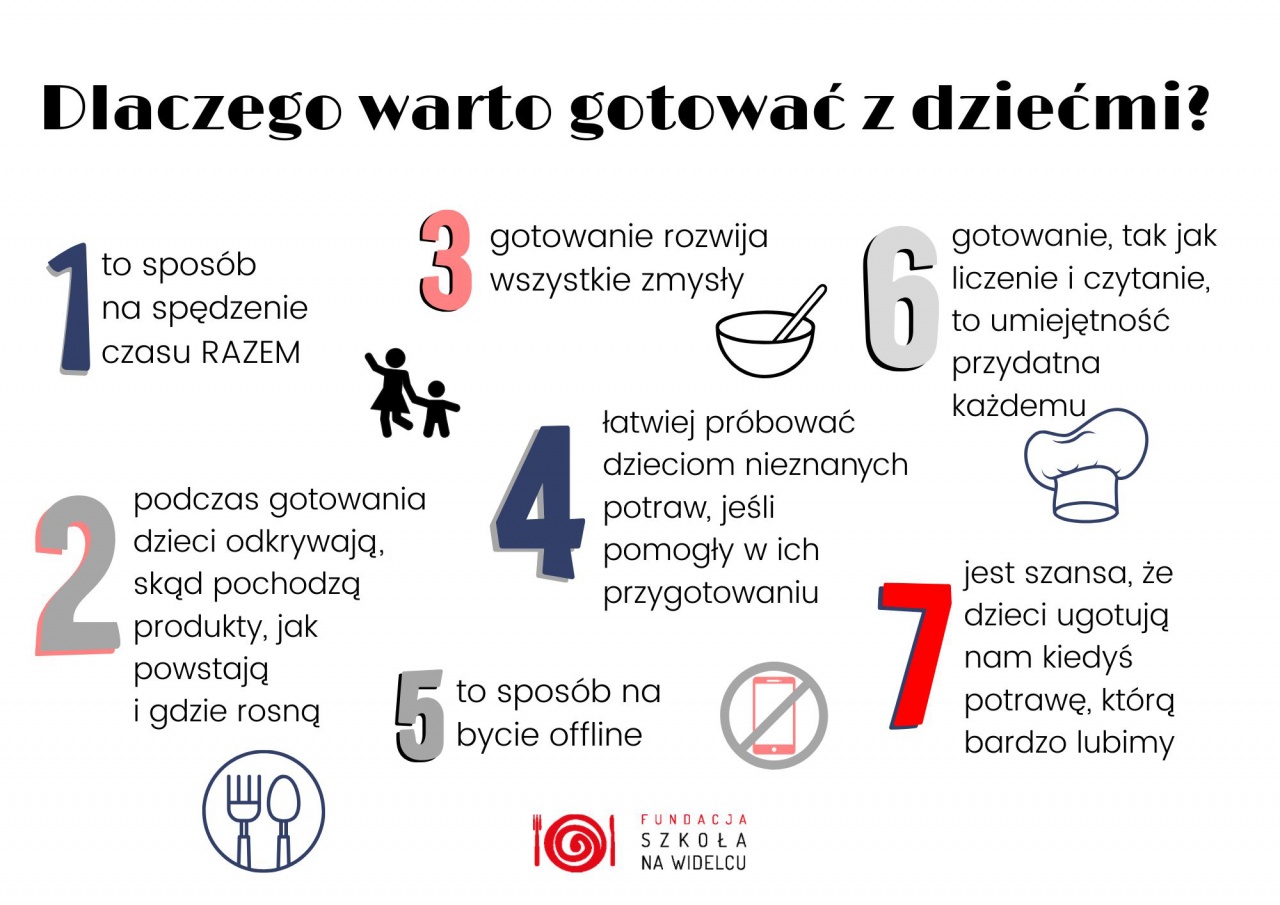 Grafika, na której pokazano 7 powodów, dlaczego warto gotować z dziećmi